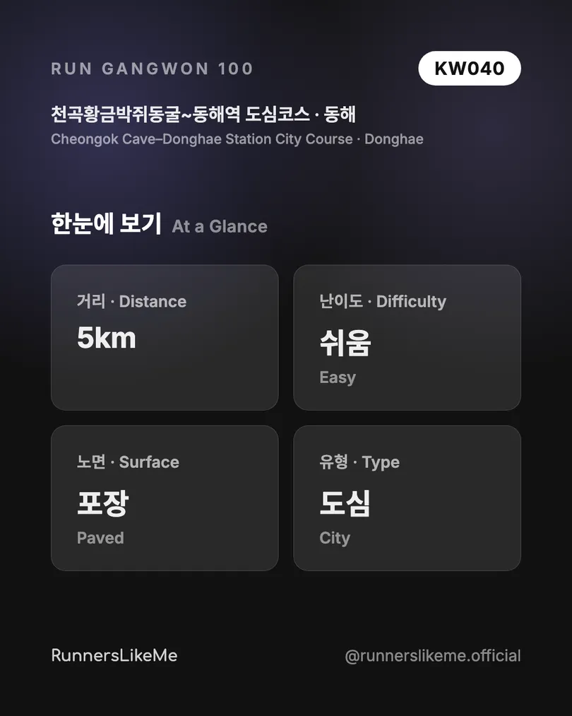 천곡황금박쥐동굴~동해역 도심코스 — RUN GANGWON 100 도감 카드 2/4