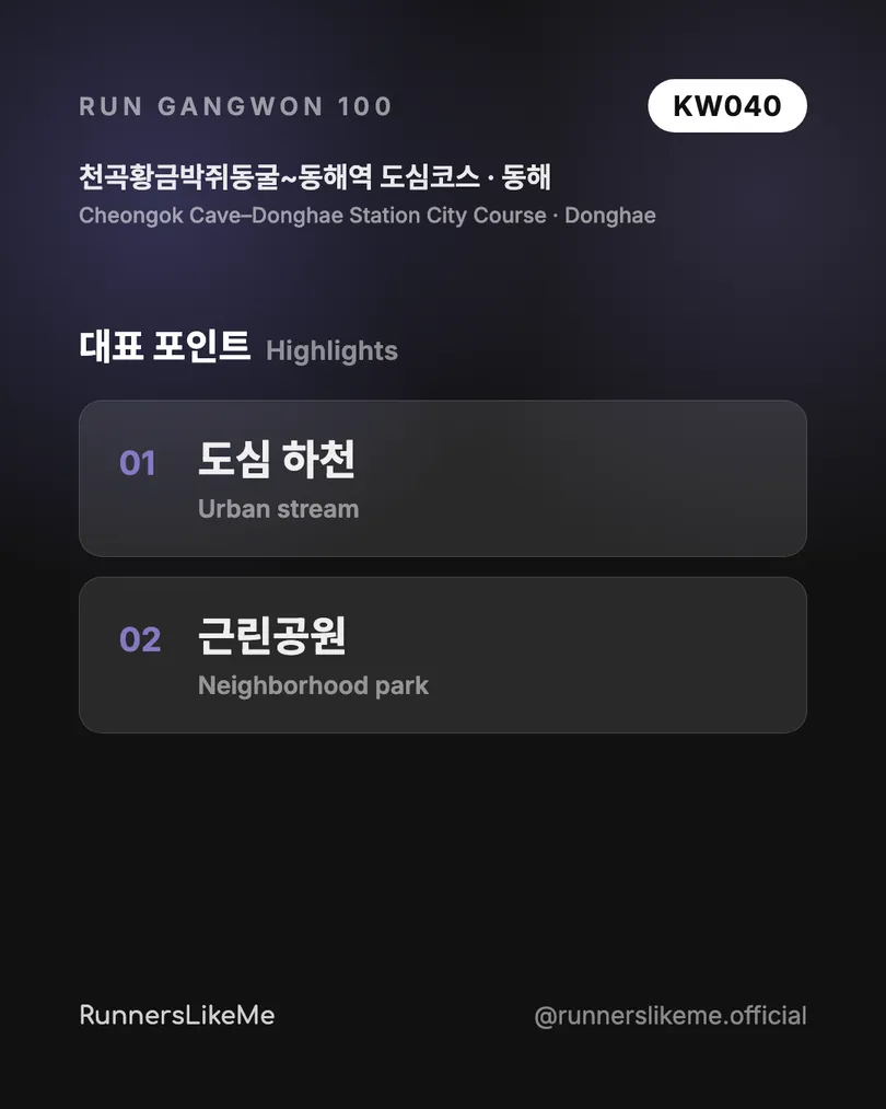 천곡황금박쥐동굴~동해역 도심코스 — RUN GANGWON 100 도감 카드 3/4